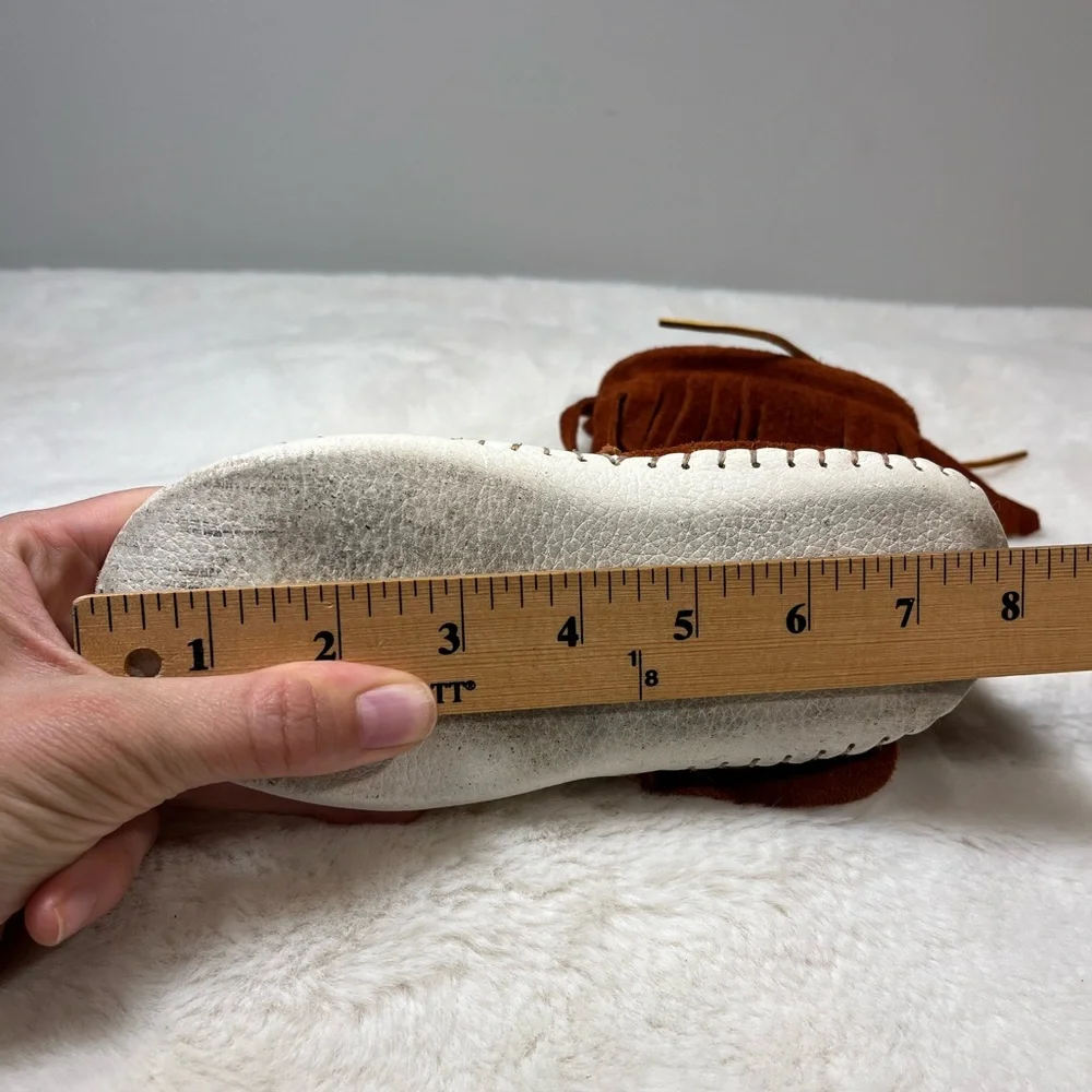 Taos Vintage Rust Brown White Leather Kids Moccasin Fringe Boots Size 12